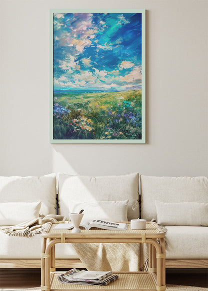 Emerald Breeze Meadow – Expressive Sky Landscape Canvas & Poster Print – AI PRINT LAB
