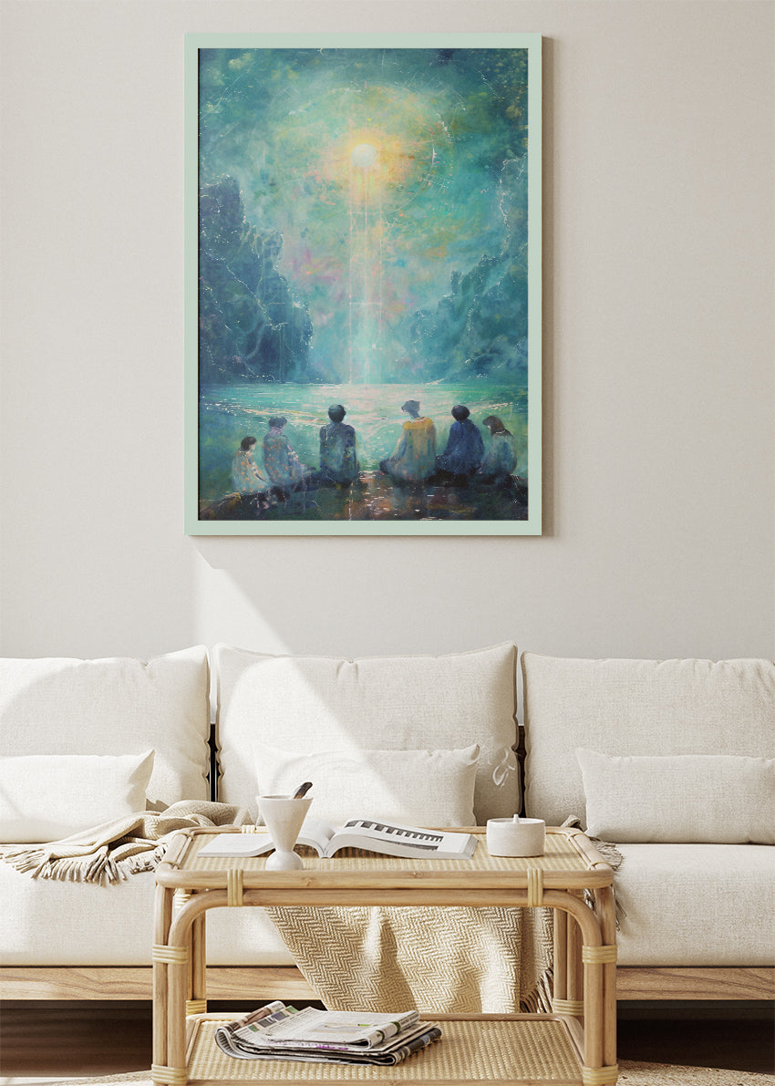 Celestial Light Gathering – Mystical Lake Scene Canvas & Poster Print – AI PRINT LAB