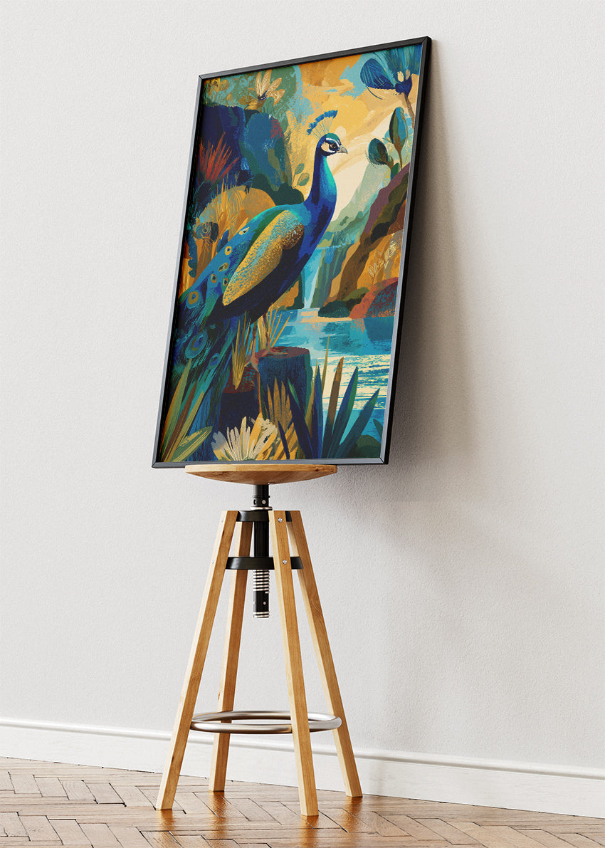 Peacock Waterfall Landscape Poster & Canvas Print – Colorful Nature Wall Art