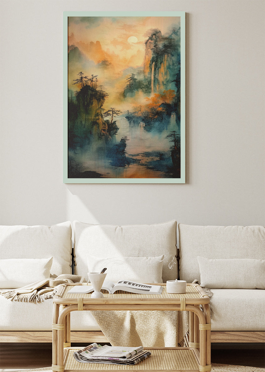 Misty Jade Mountains – Oriental Waterfall Landscape Canvas & Poster Print – AI PRINT LAB