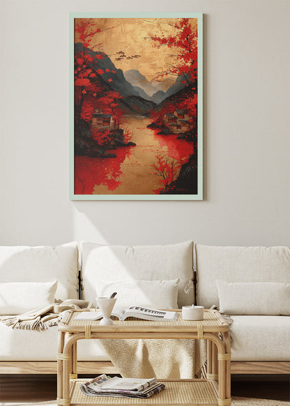 Crimson Autumn Village – Oriental Red River Landscape Canvas & Poster Print – AI PRINT LAB