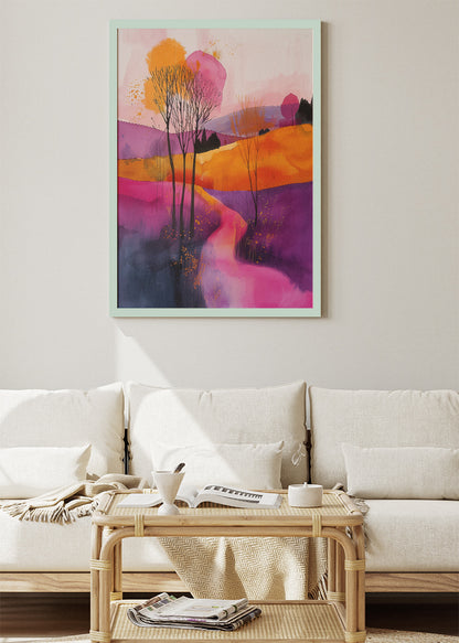Vibrant Abstract Landscape Wall Art – Colourful Modern Hills Canvas Print & Pink Purple Nature Poster for Living Room Decor UK