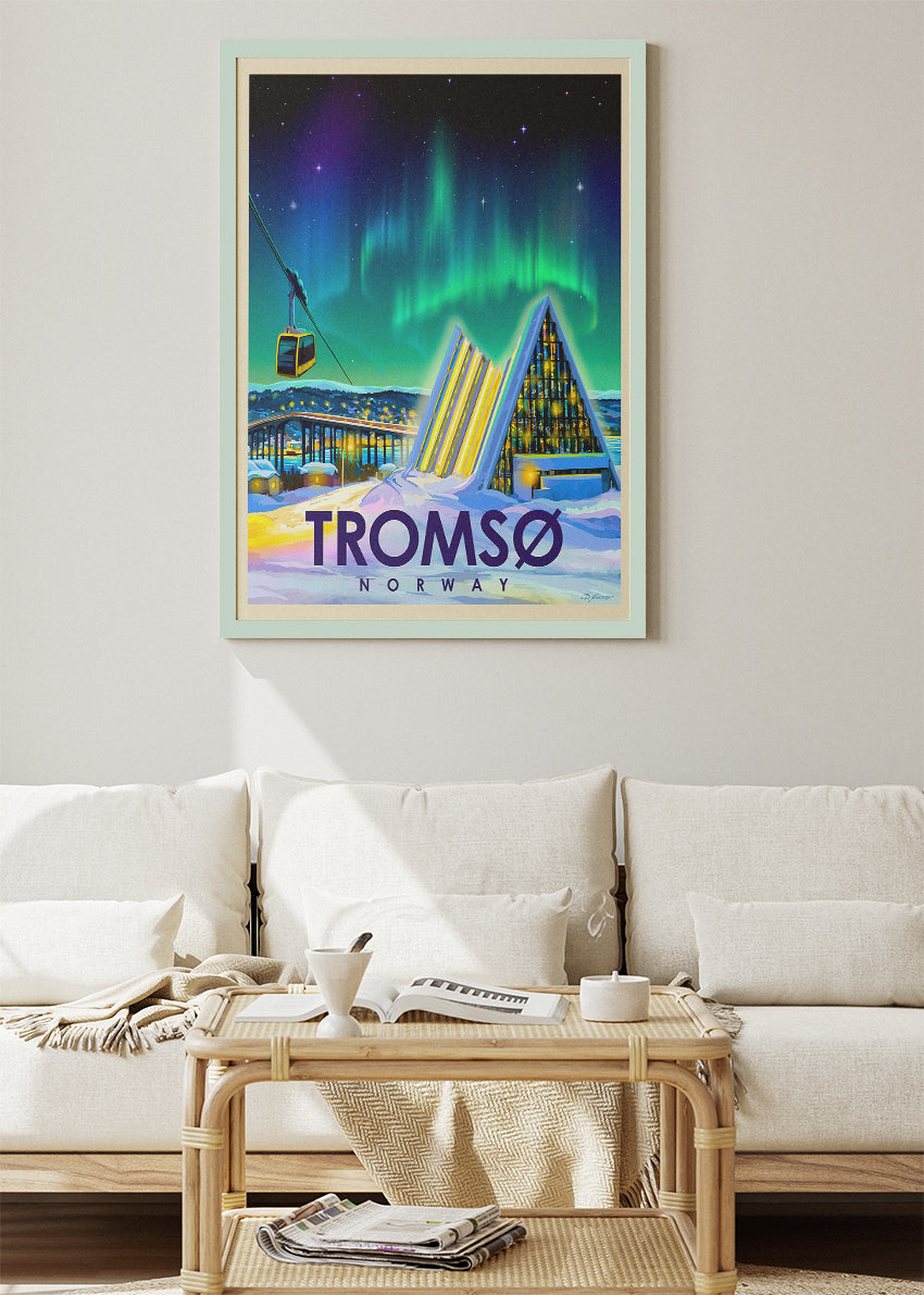 Tromsø Norway Poster & Canvas Print – Illustrated Northern Lights Arctic Cathedral Art