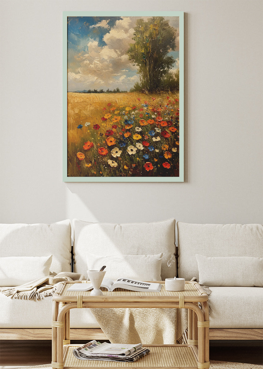 Wildflower Meadow in Golden Field – Rustic Floral Landscape Wall Art Poster & Canvas – AI PRINT LAB