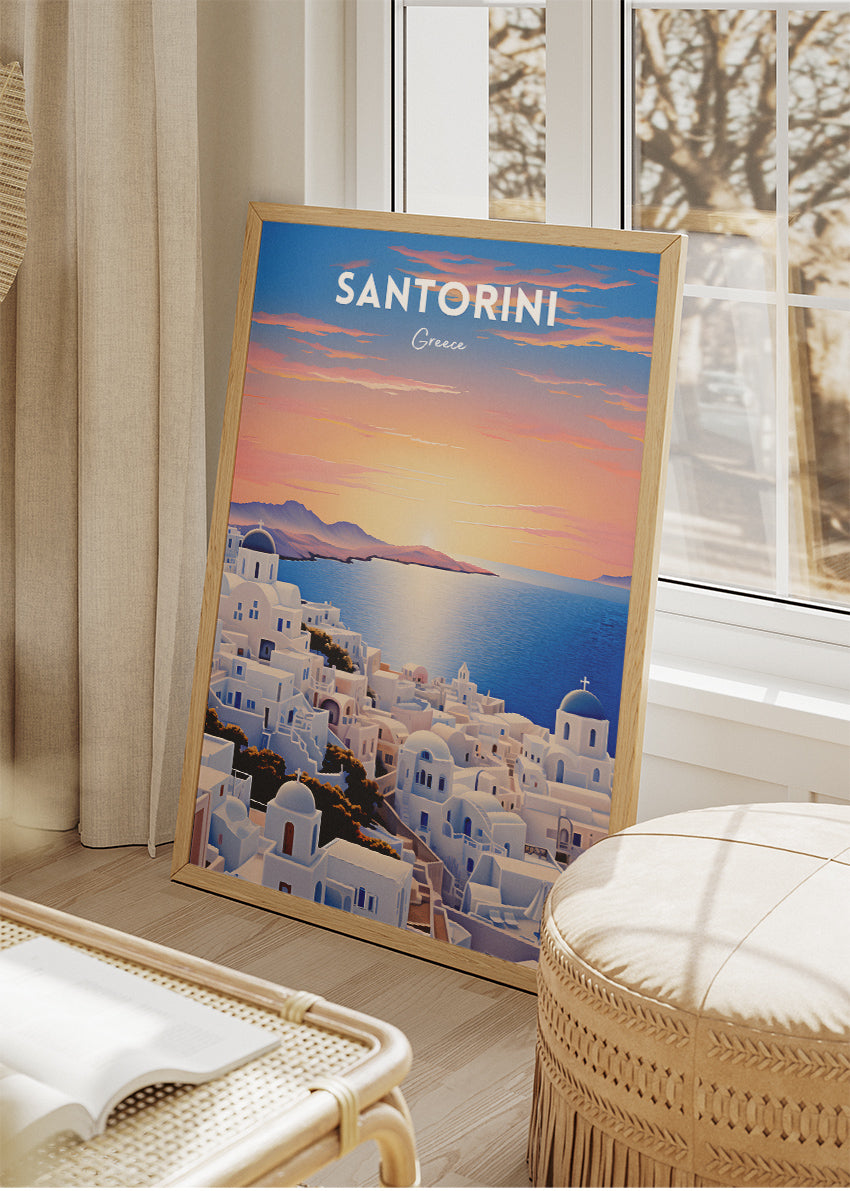 Santorini Greece Sunset View Poster & Canvas Print – Illustrated Cycladic Blue Dome Art