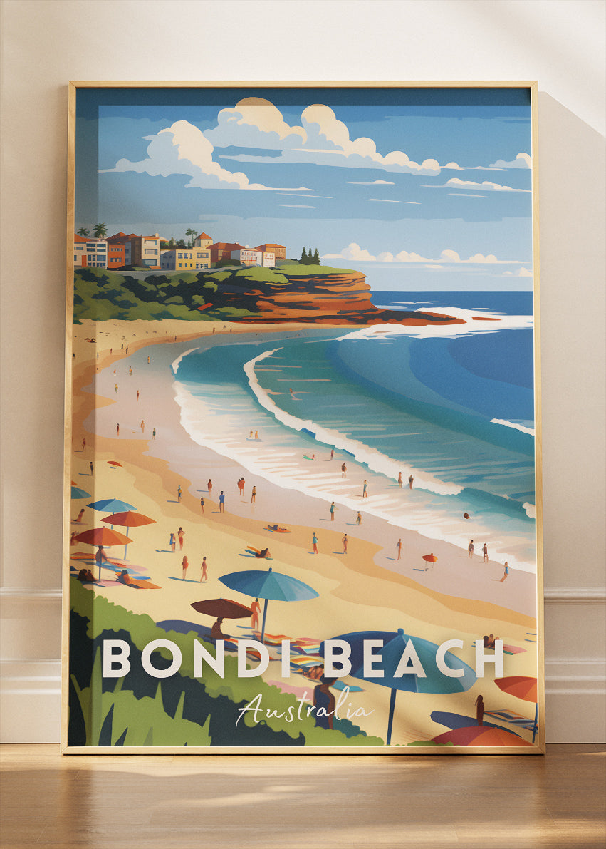 Bondi Beach Australia Travel Poster & Canvas Wall Art – Coastal Sydney Beach Print
