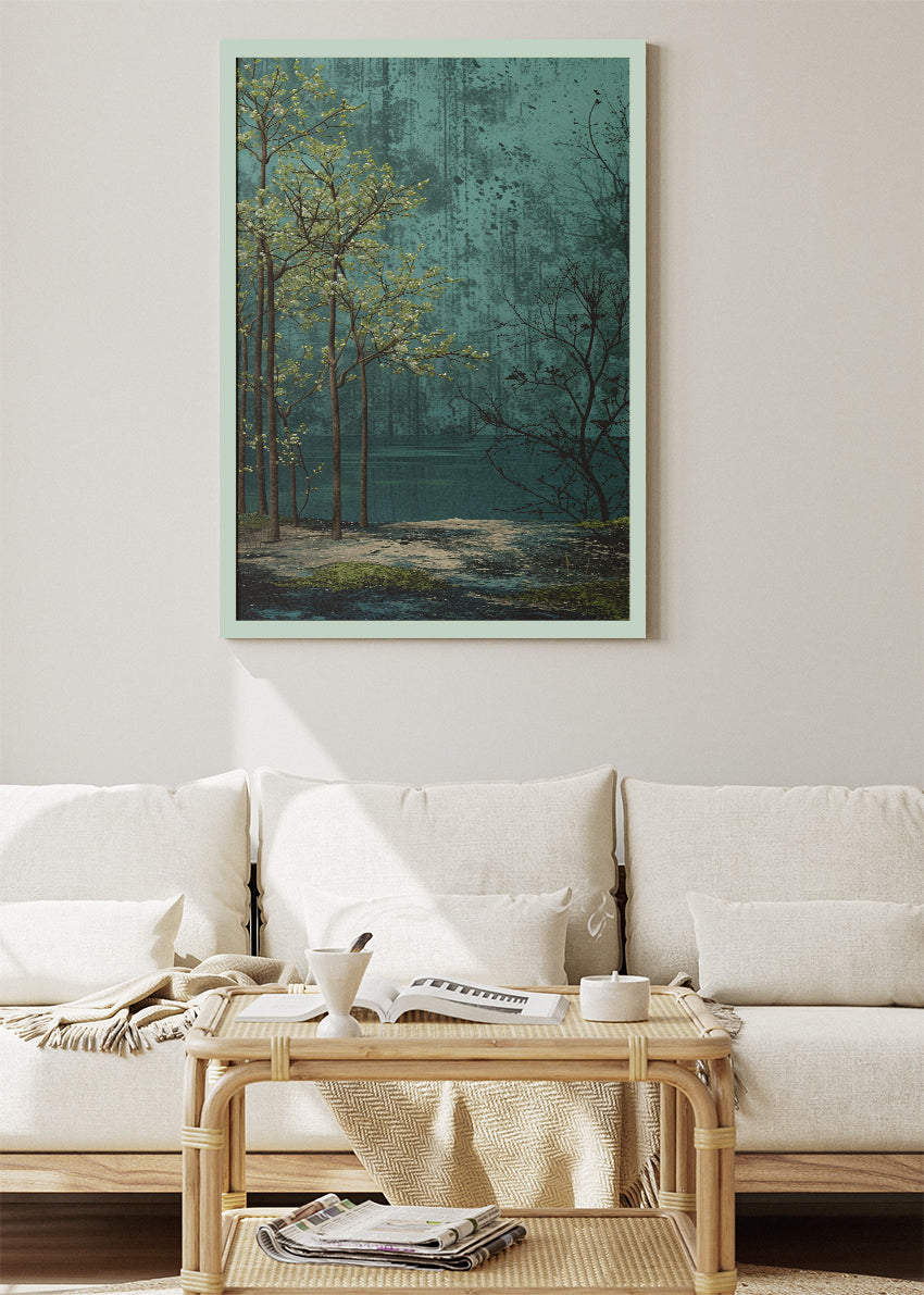 Emerald Lakeside Stillness – Moody Forest Landscape Canvas & Poster Print – AI PRINT LAB