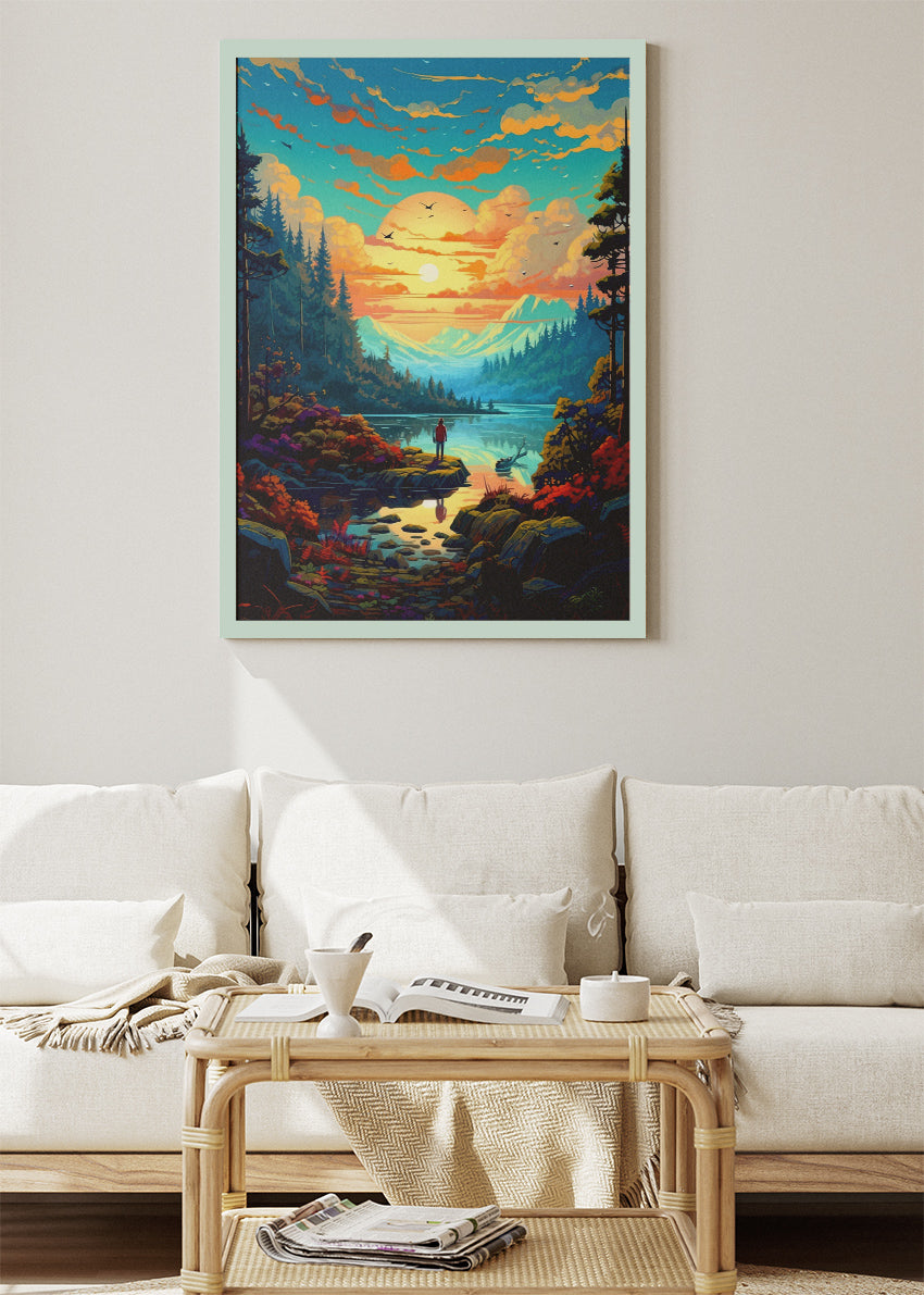 Golden Horizon Reflection – Vibrant Mountain Lake Sunset Canvas & Poster Print – AI PRINT LAB
