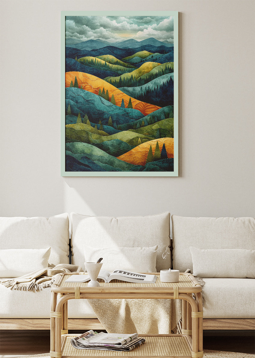 Emerald & Golden Rolling Hills – Layered Forest Landscape Canvas & Poster Print – AI PRINT LAB