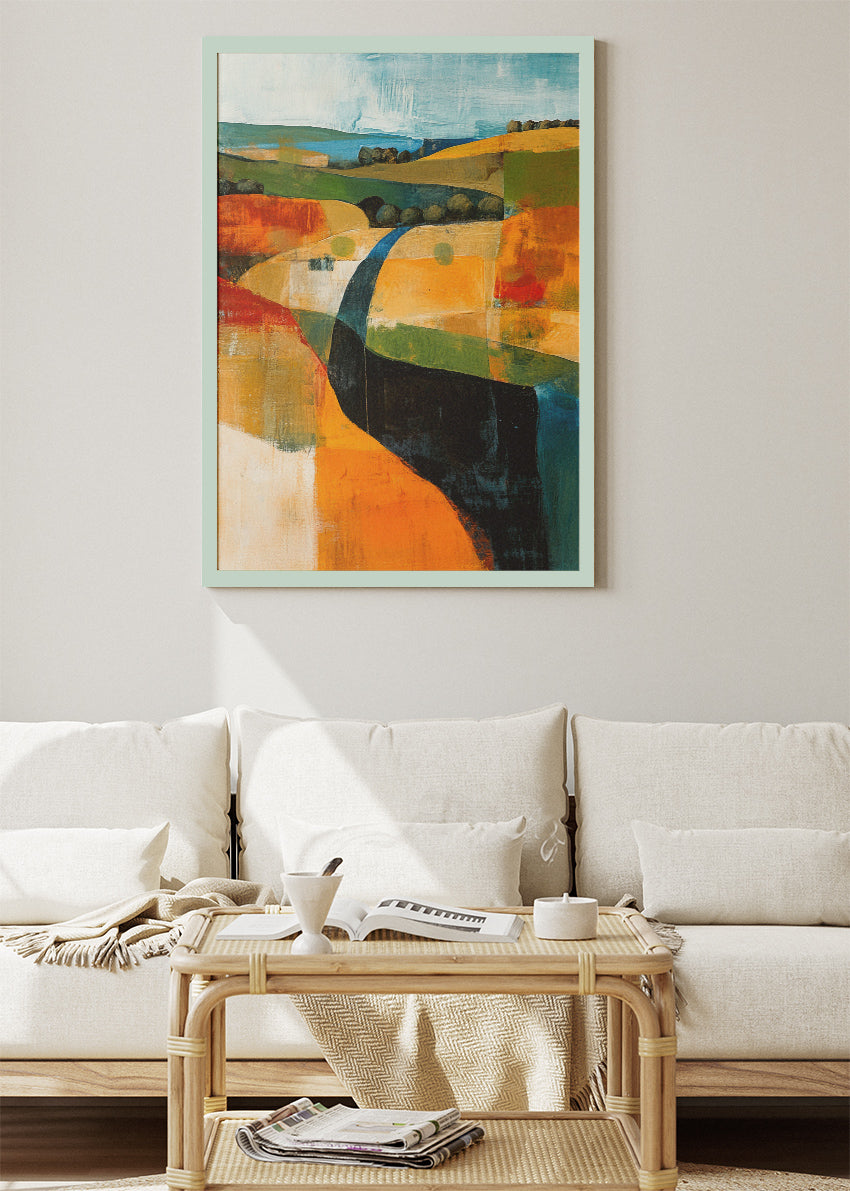 Abstract Patchwork Fields & River – Modern Colour Block Landscape Canvas & Poster Print – AI PRINT LAB