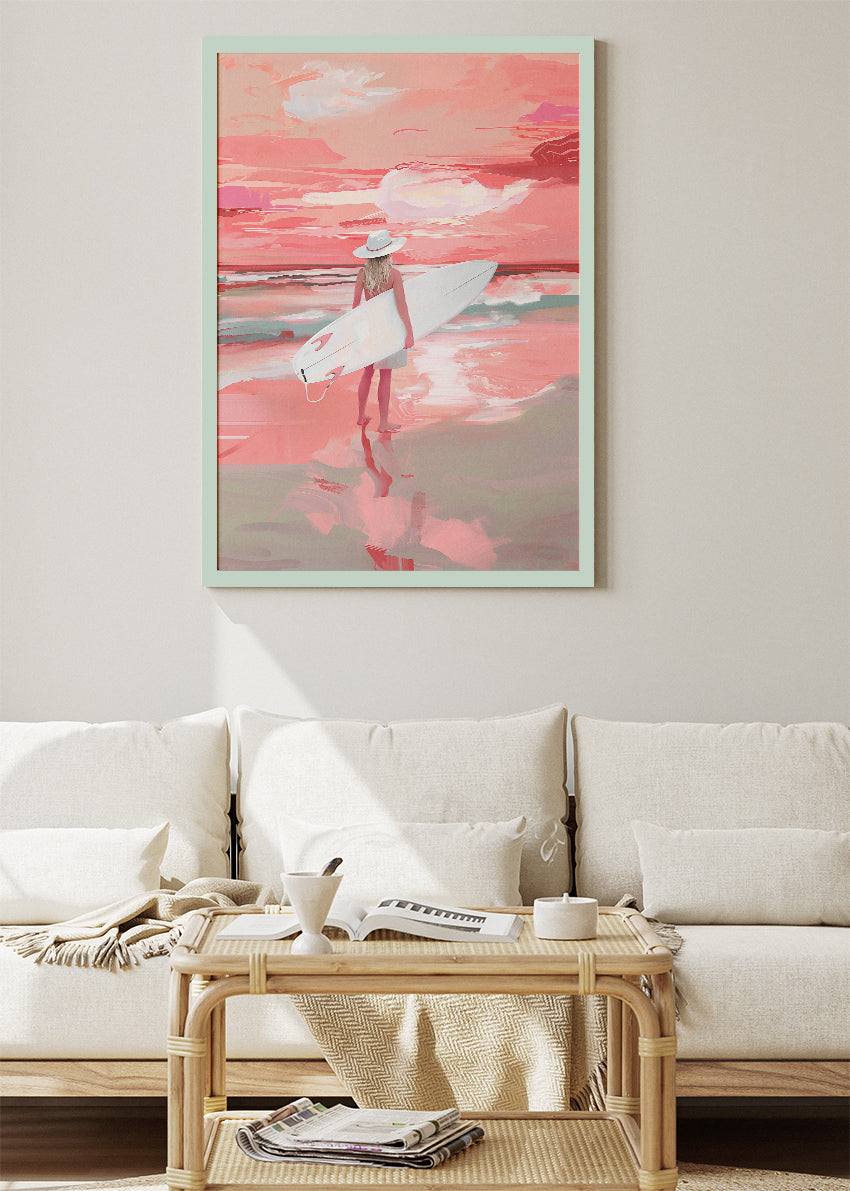Blush Sunset Surfer – Pink Coastal Beach Canvas & Poster Print – AI PRINT LAB