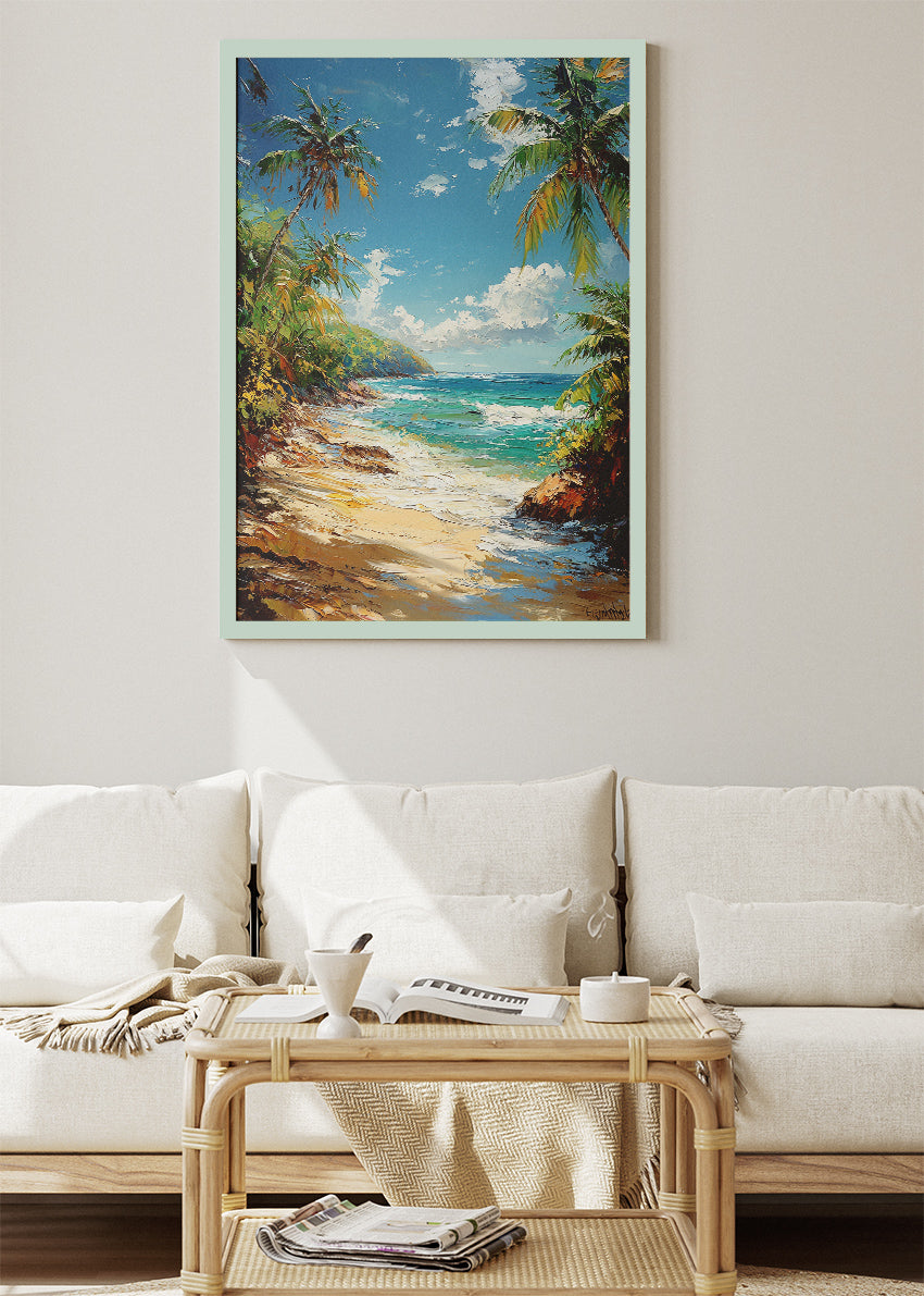 Tropical Palm Paradise – Sunlit Beach Landscape Canvas & Poster Print – AI PRINT LAB