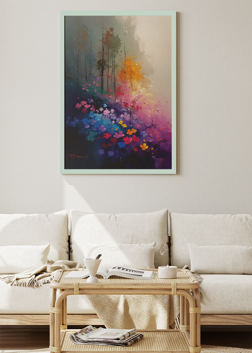 Mystic Bloom Forest – Vibrant Floral Landscape Canvas & Poster Print – AI PRINT LAB
