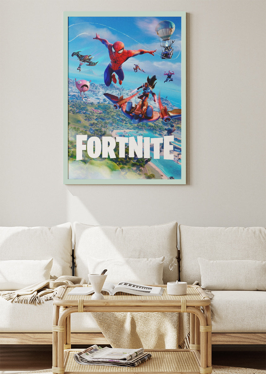 Superhero Action Fortnite Wall Art Poster & Canvas – Aerial Adventure Gaming Artwork