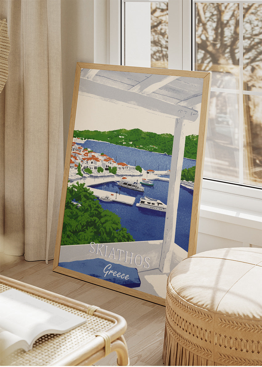Skiathos Greece Harbour View Poster & Canvas Print – Illustrated Island Art