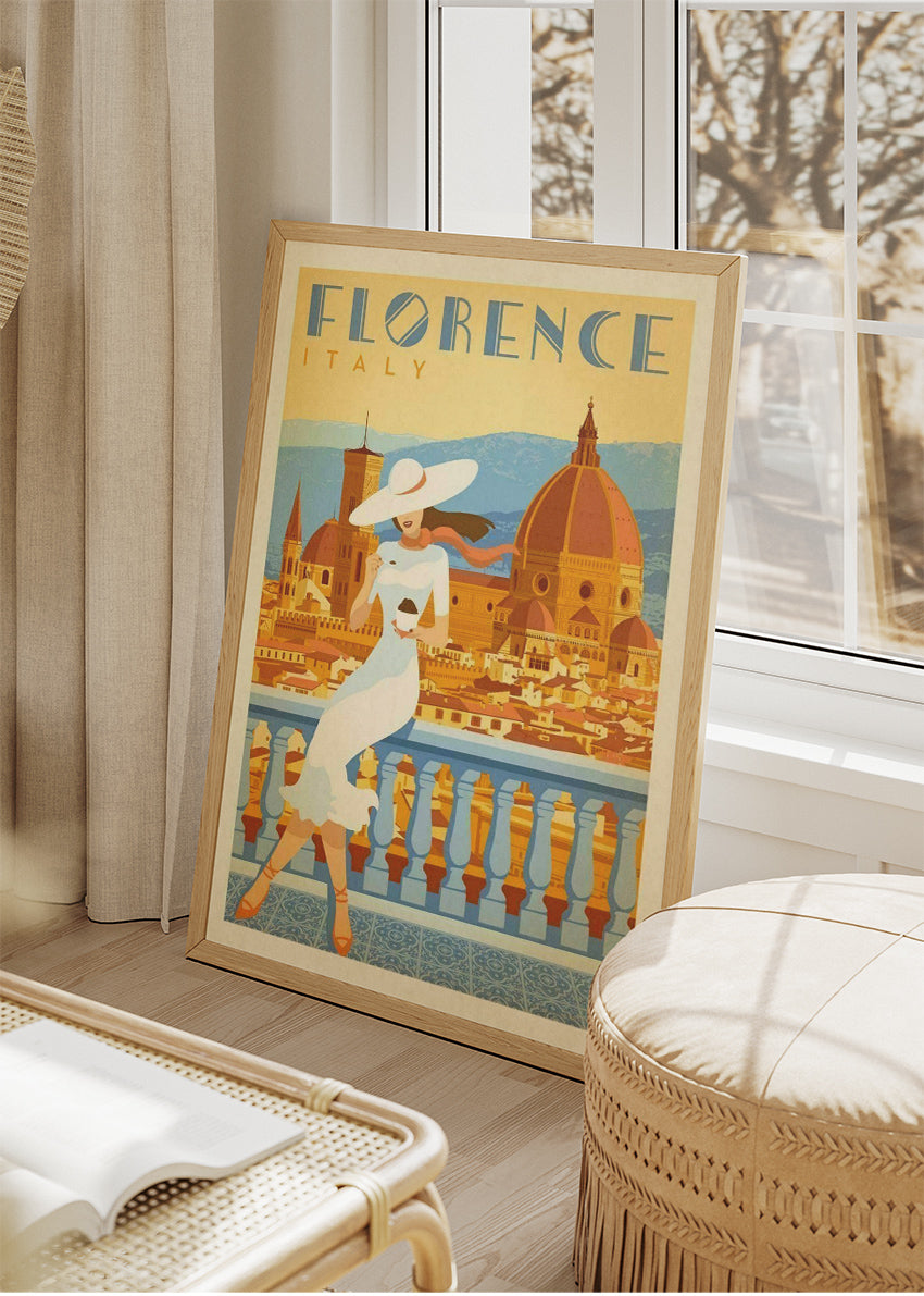 Florence Italy Vintage Travel Poster & Canvas Print – Elegant Woman, Cathedral Duomo View Art