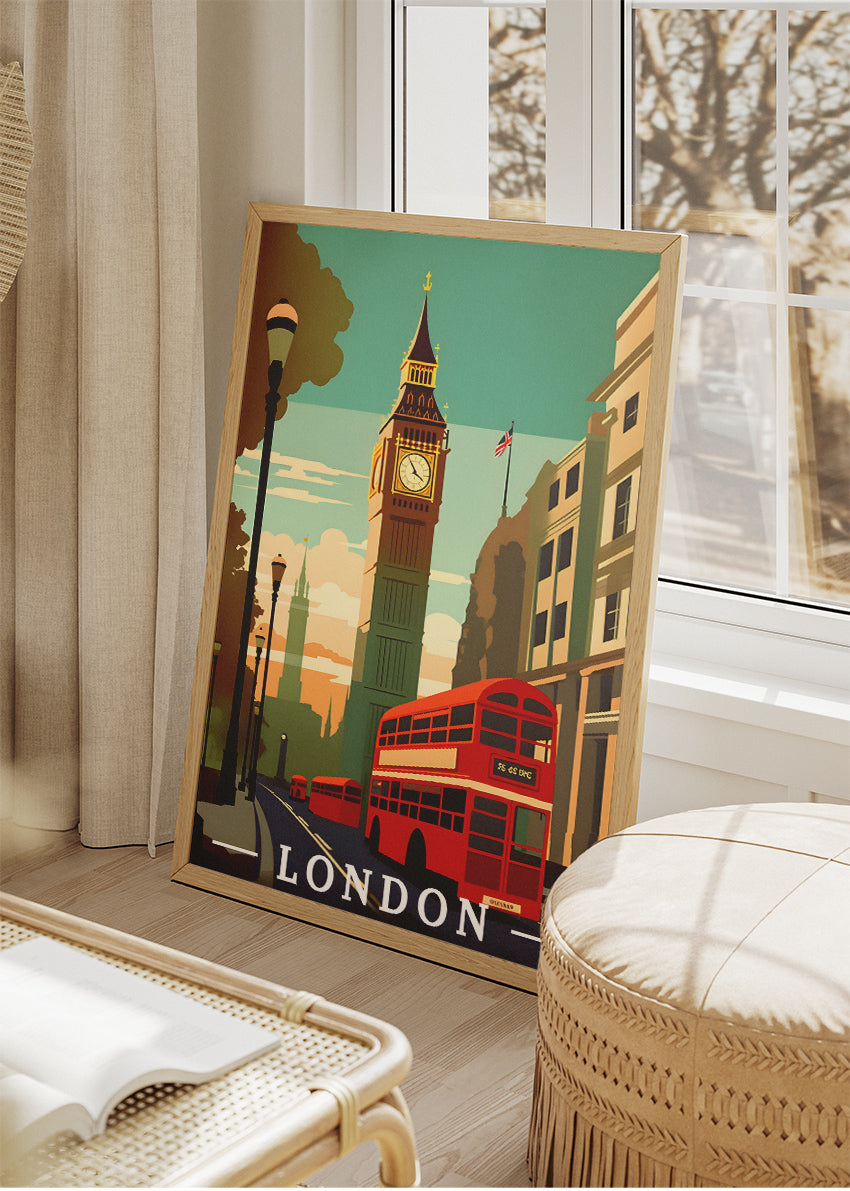 London Big Ben & Red Bus Poster & Canvas Print – Illustrated City Art – A1003
