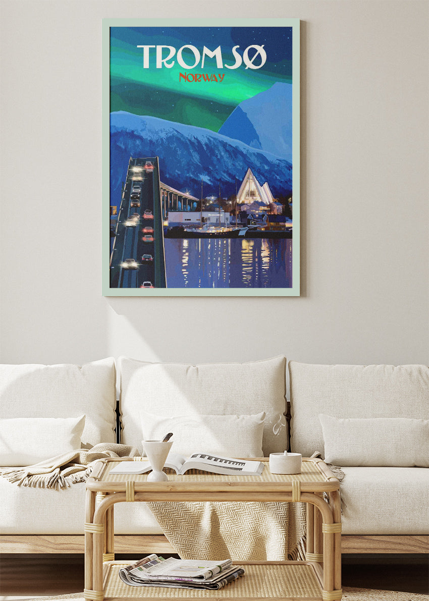 Tromsø Norway Poster & Canvas Print – Modern Illustrated Northern Lights Art