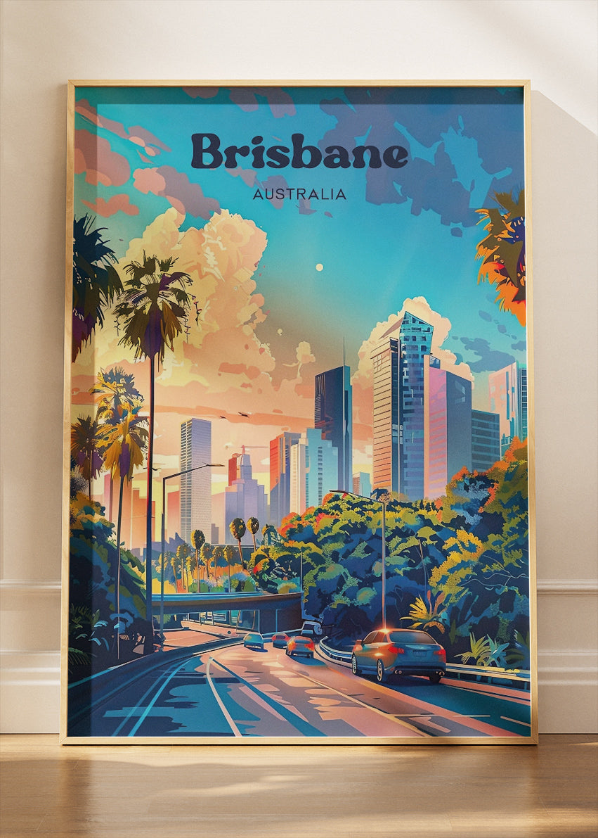 Brisbane Australia Travel Poster & Canvas Wall Art – City Skyline Sunset Print