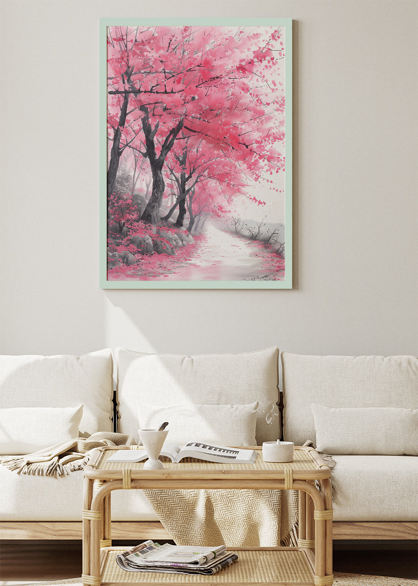 Pink Cherry Blossom Path Landscape Canvas & Poster Print – AI PRINT LAB