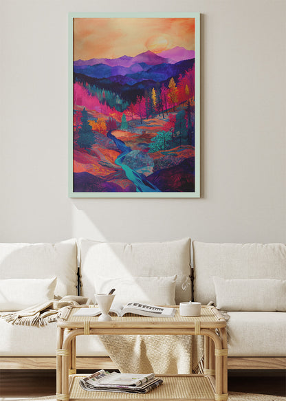 Neon Valley Sunset – Vibrant Mountain Landscape Canvas & Poster Print – AI PRINT LAB