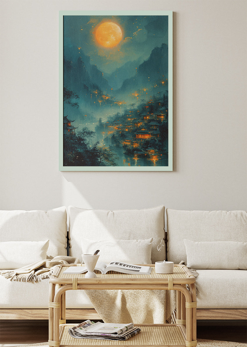 Golden Moonlit Village – Mystical Asian Night Landscape Canvas & Poster Print – AI PRINT LAB
