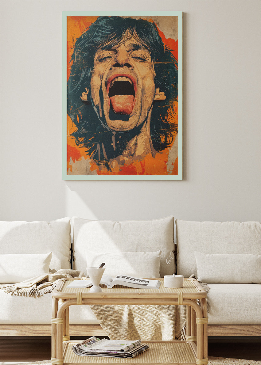 Mick Jagger Screaming Portrait Wall Art Poster & Canvas Print – Vintage Rock Icon Illustration