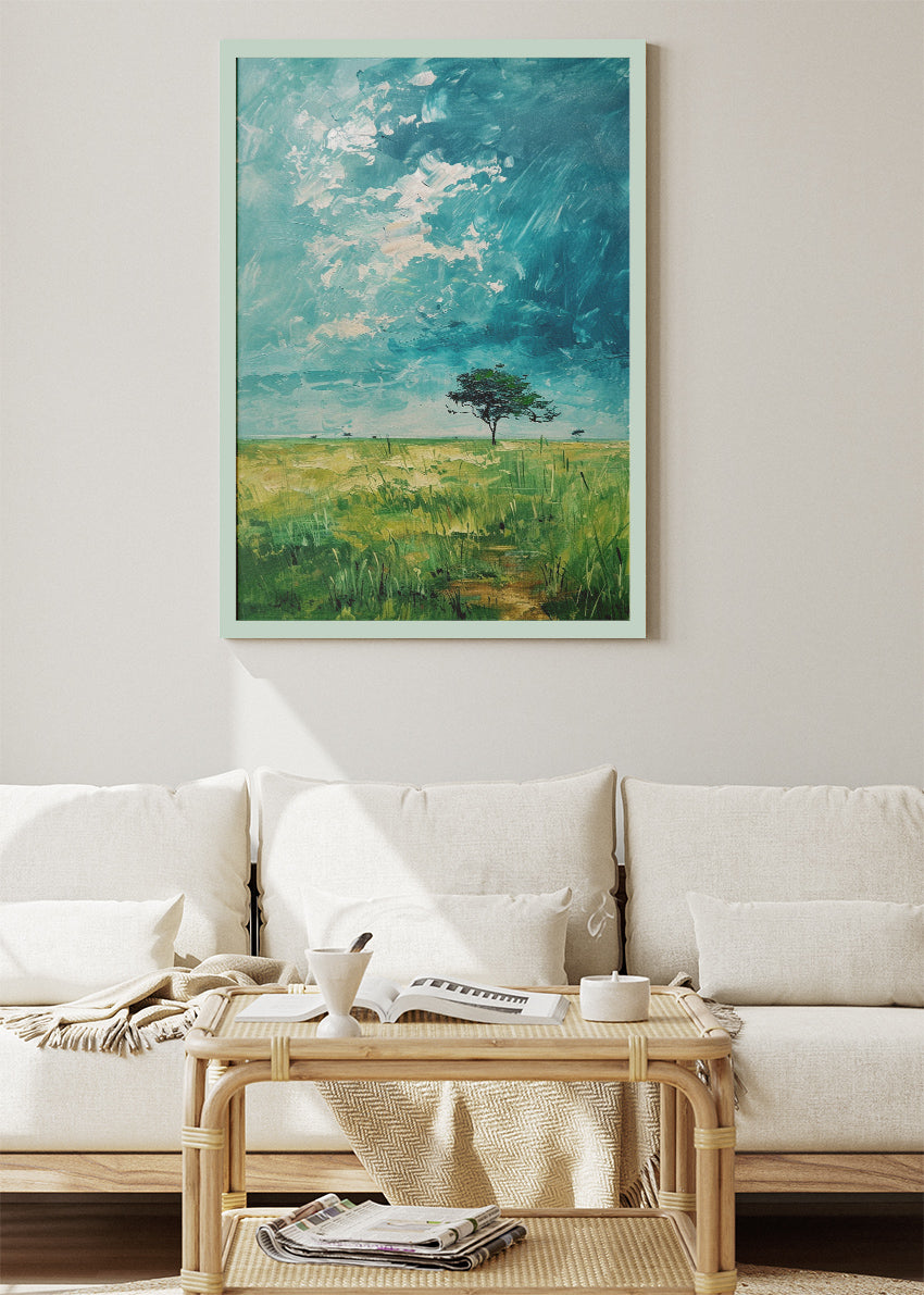 Solitary Tree Under Turquoise Sky – Minimalist Meadow Landscape Canvas & Poster Print – AI PRINT LAB