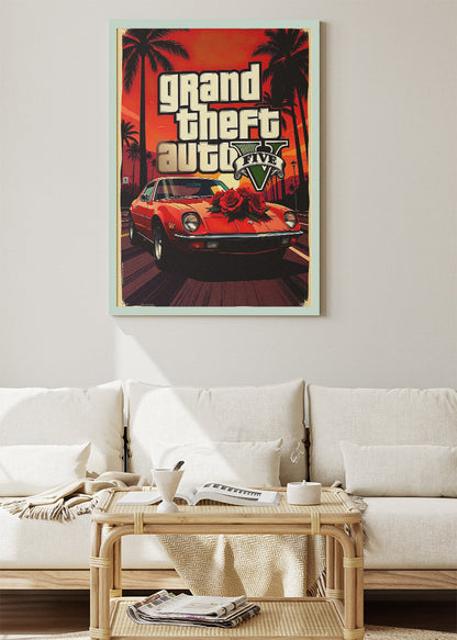 Grand Theft Auto V Wall Art Poster & Canvas – Iconic Sports Car & Sunset Gaming Artwork
