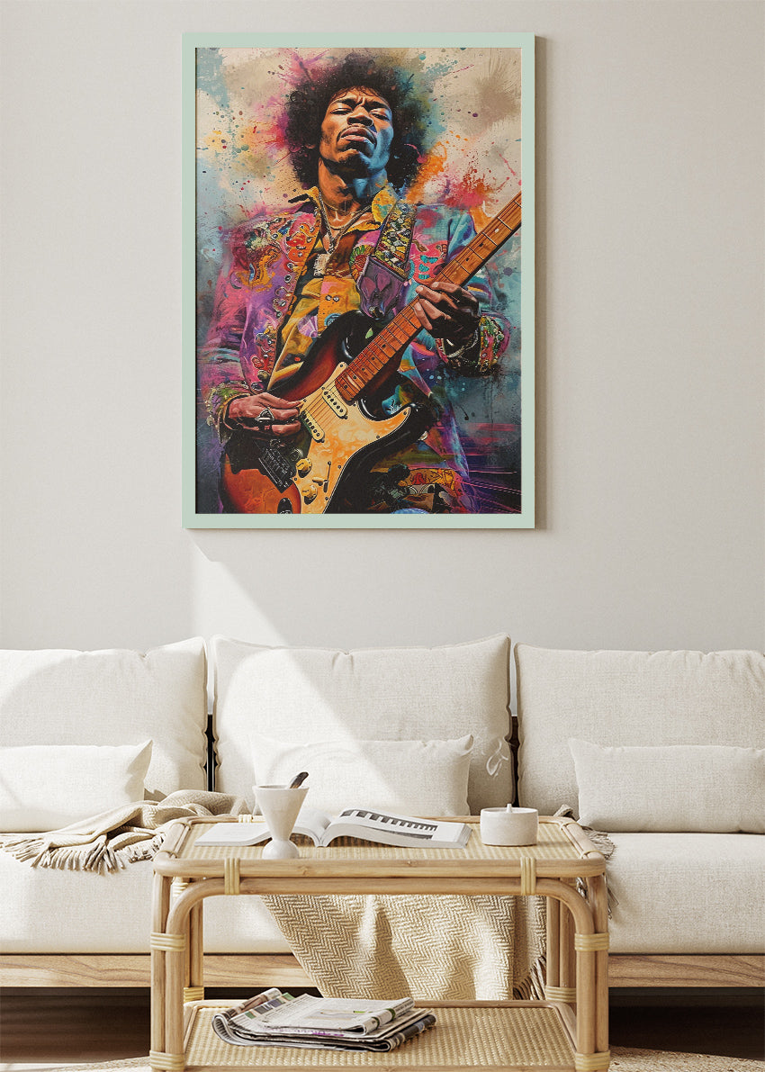 Jimi Hendrix Electric Guitar Wall Art Poster & Canvas Print – Colourful Rock Legend Portrait