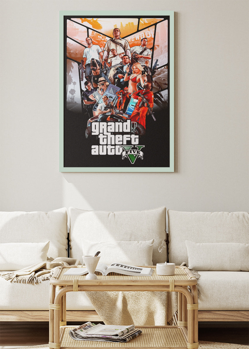 Grand Theft Auto V Wall Art Poster & Canvas – Iconic Character Collage Gaming Artwork