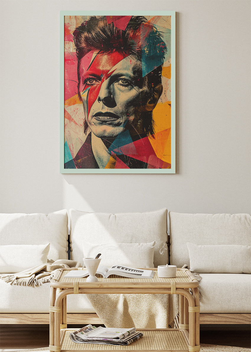 David Bowie Ziggy Stardust Inspired Geometric Portrait Wall Art Poster & Canvas Print – Iconic Glam Rock Artwork
