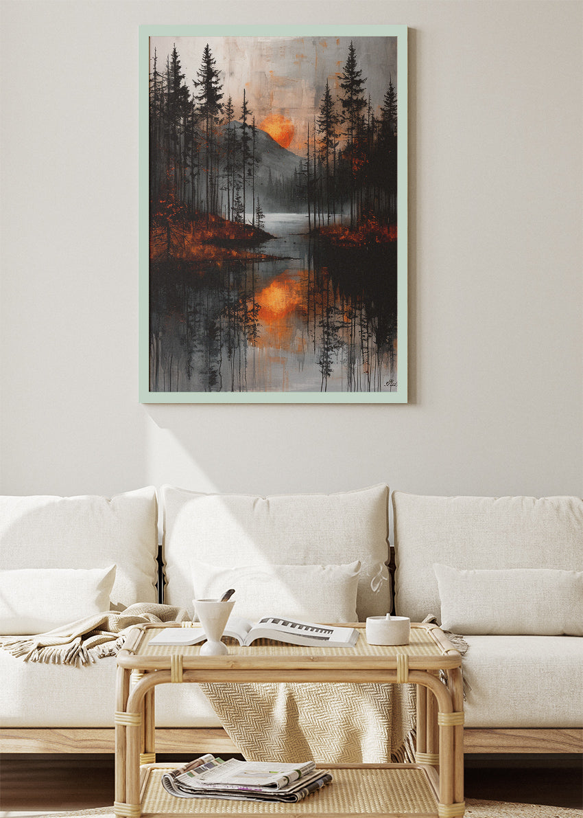 Moody Forest Sunset Reflection – Dark Pine Lake Canvas & Poster Print – AI PRINT LAB