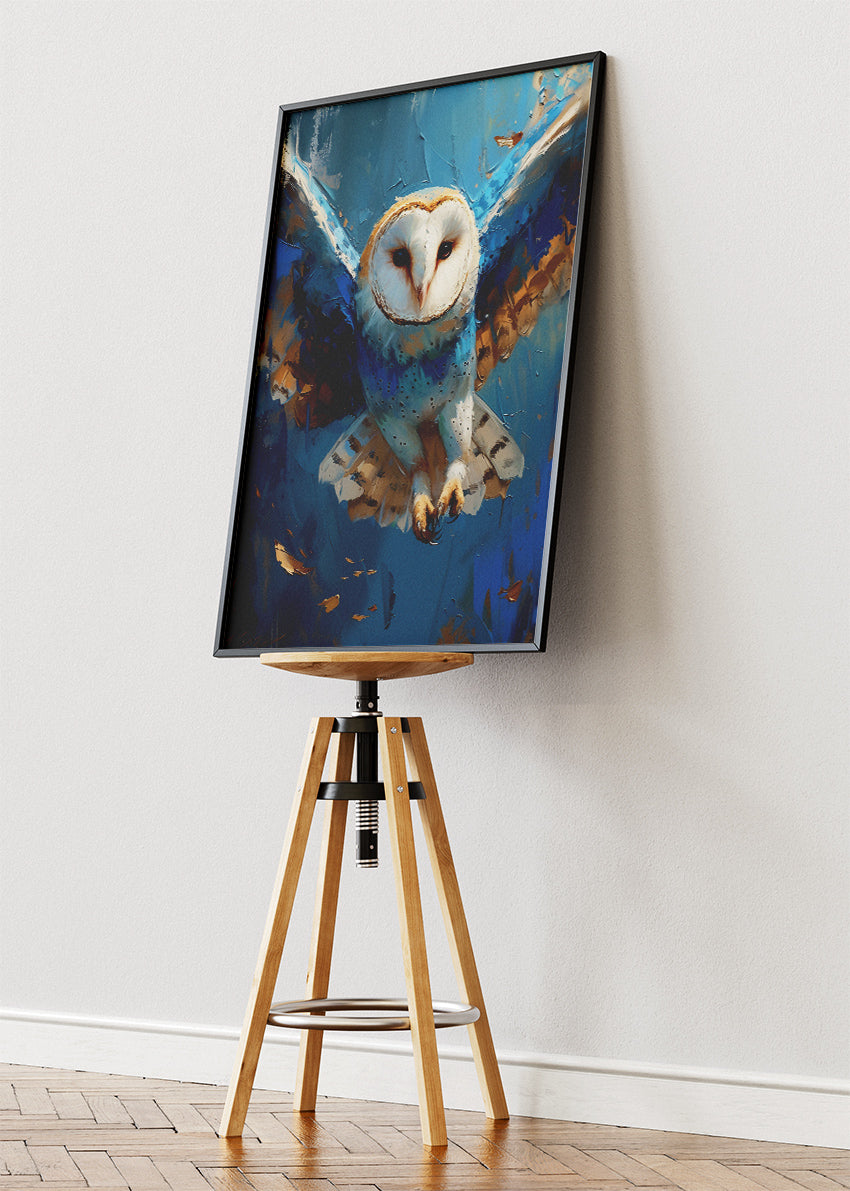 Majestic Barn Owl in Flight Poster & Canvas Print – Blue Wildlife Art Wall Decor