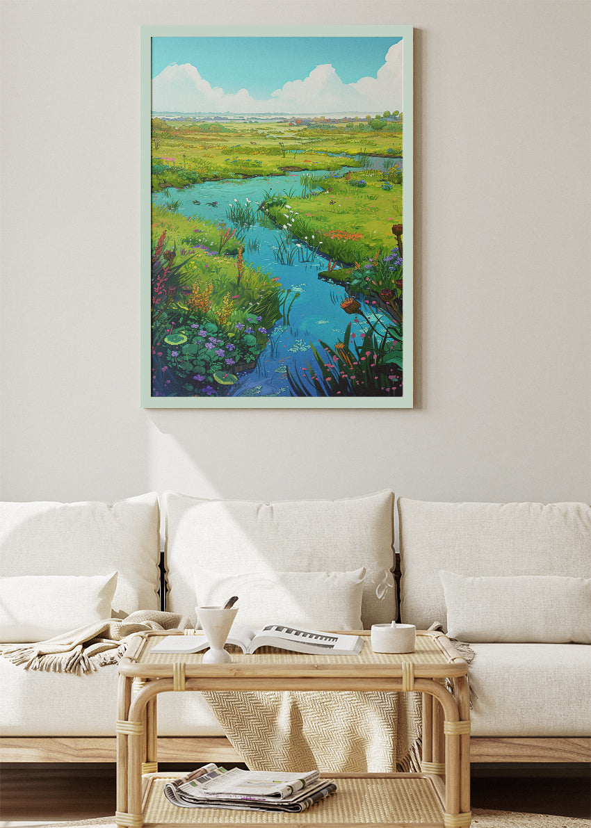 Wildflower Meadow River Landscape – Serene Countryside Canvas & Poster Print – AI PRINT LAB