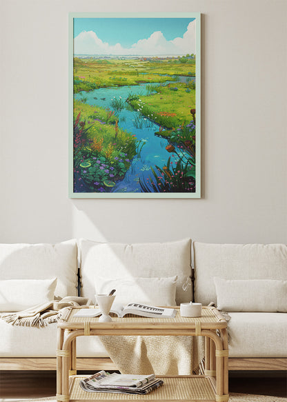Wildflower Meadow River Landscape – Serene Countryside Canvas & Poster Print – AI PRINT LAB