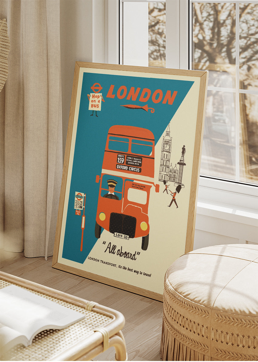 London Retro Bus Travel Poster & Canvas Print – Vintage Illustration Art – A1004