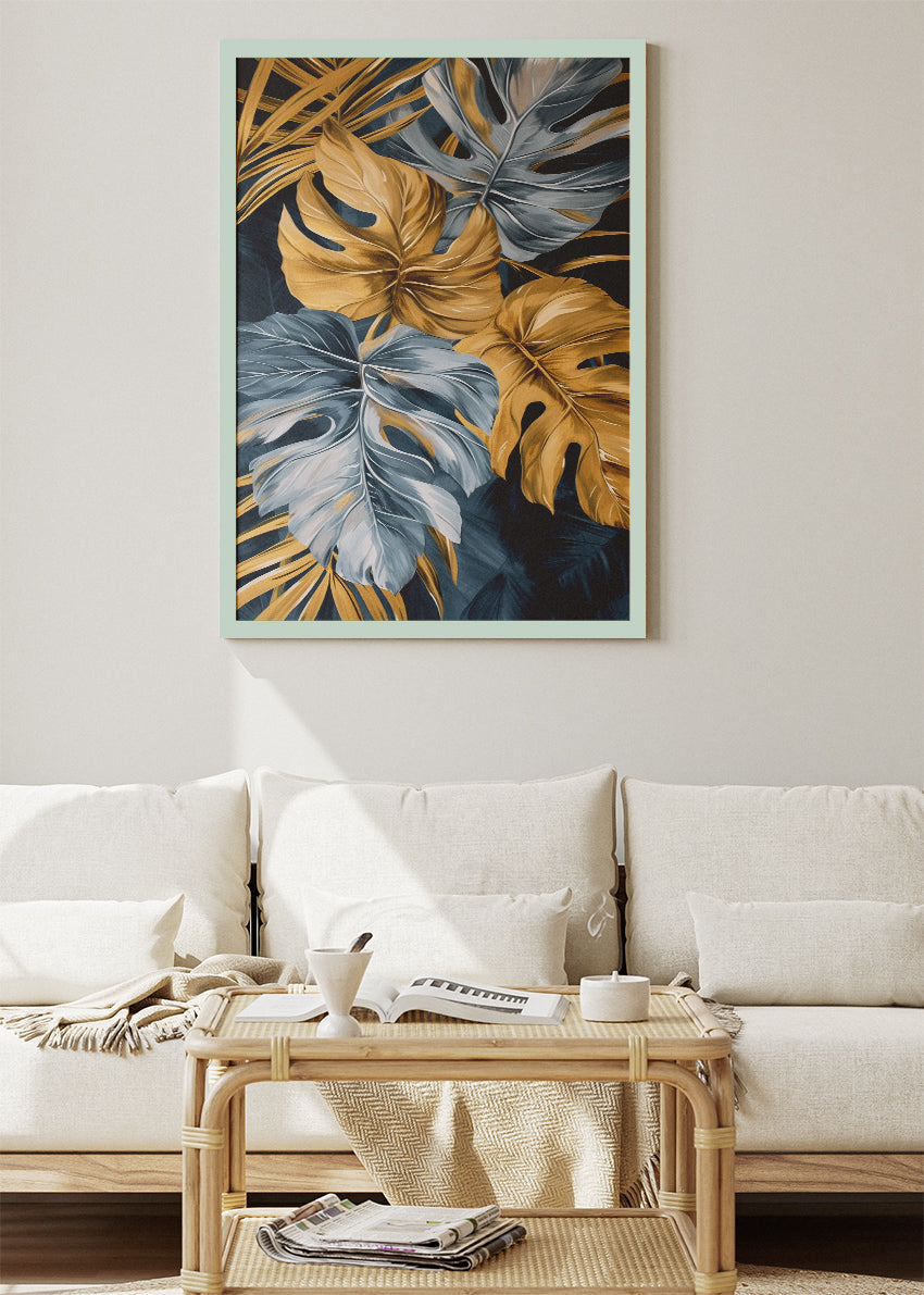 Gold and Blue Tropical Leaf Wall Art – Luxury Monstera Botanical Canvas Print & Modern Statement Poster for Living Room Decor UK
