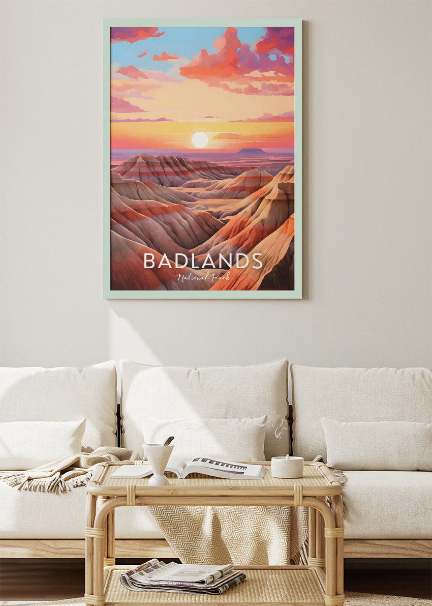 Badlands National Park Poster & Canvas Print – Sunset Desert Landscape Illustration Wall Art
