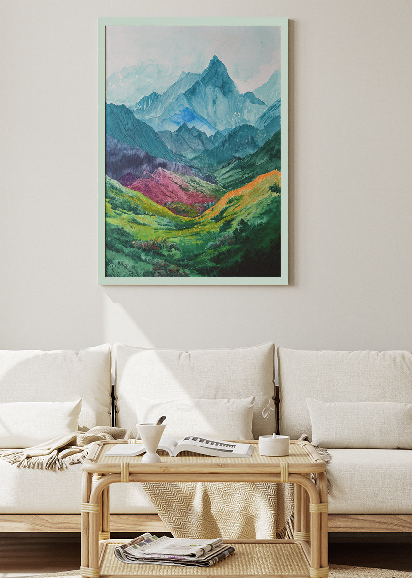 Colourful Mountain Valley Landscape – Vibrant Nature Wall Art Poster & Canvas – AI PRINT LAB