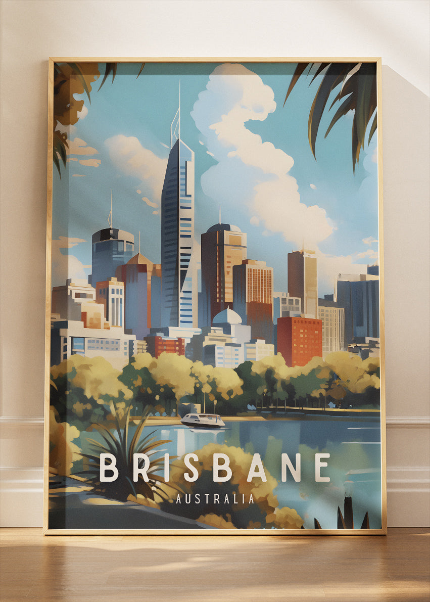 Brisbane Australia Travel Poster & Canvas Wall Art – City Skyline River View Print
