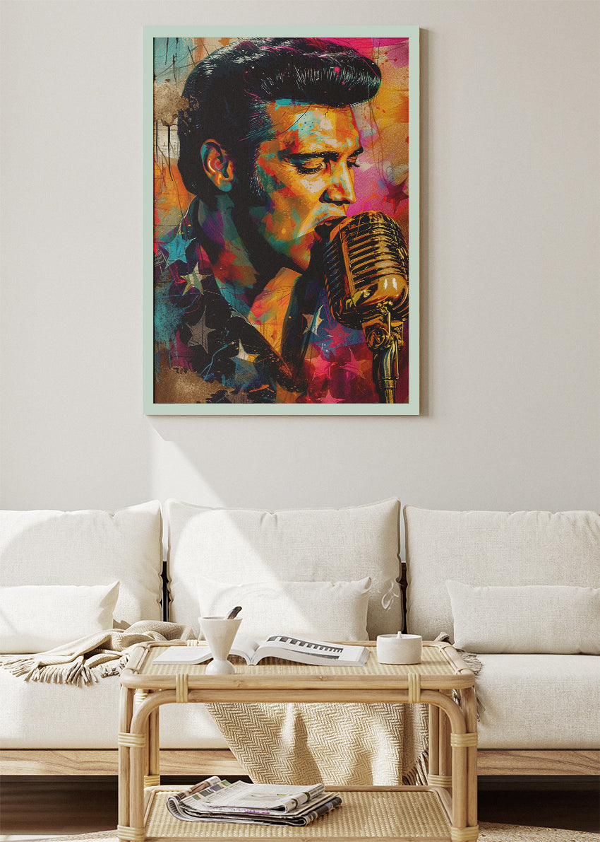 Elvis Presley Vintage Microphone Portrait Wall Art Poster & Canvas Print – Rock and Roll Icon Artwork