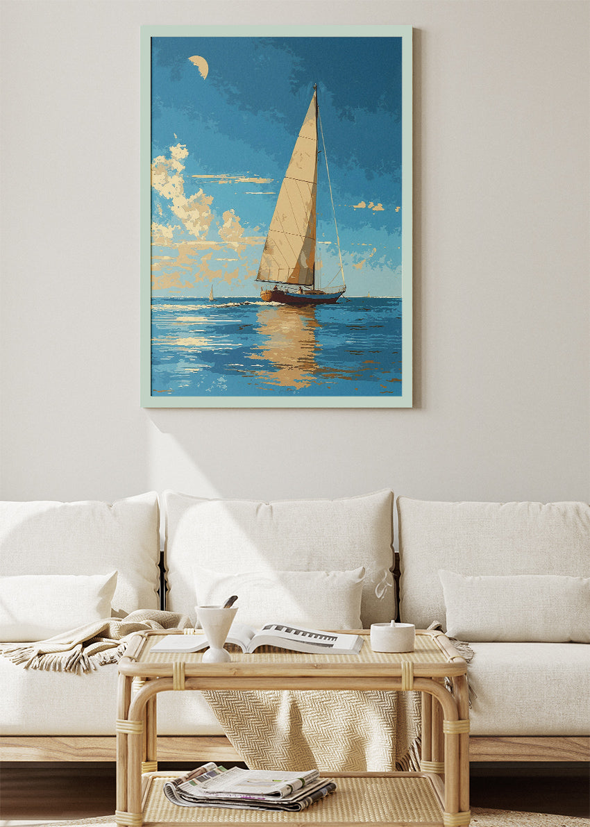 Golden Hour Sailing Boat – Calm Ocean Coastal Canvas & Poster Print – AI PRINT LAB