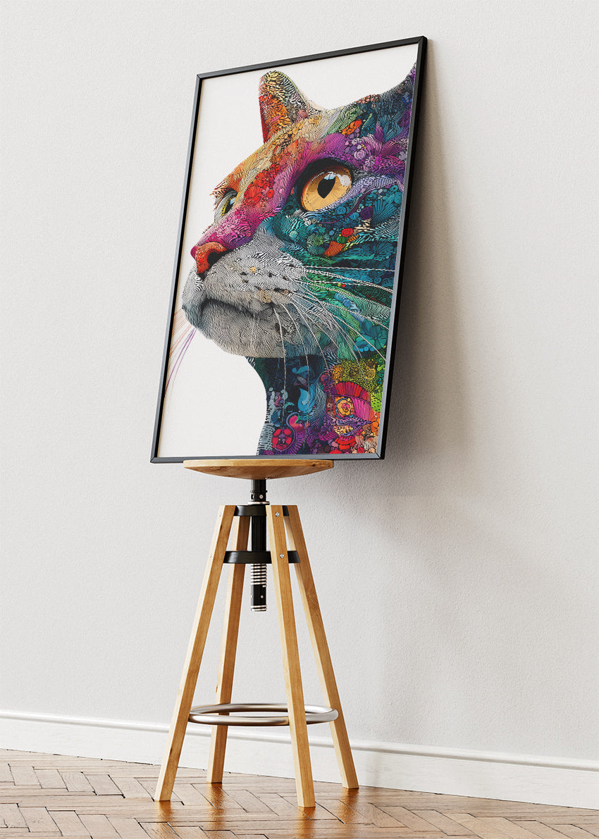 Colourful Cat Portrait Poster & Canvas Print – Modern Line Art Animal Wall Decor