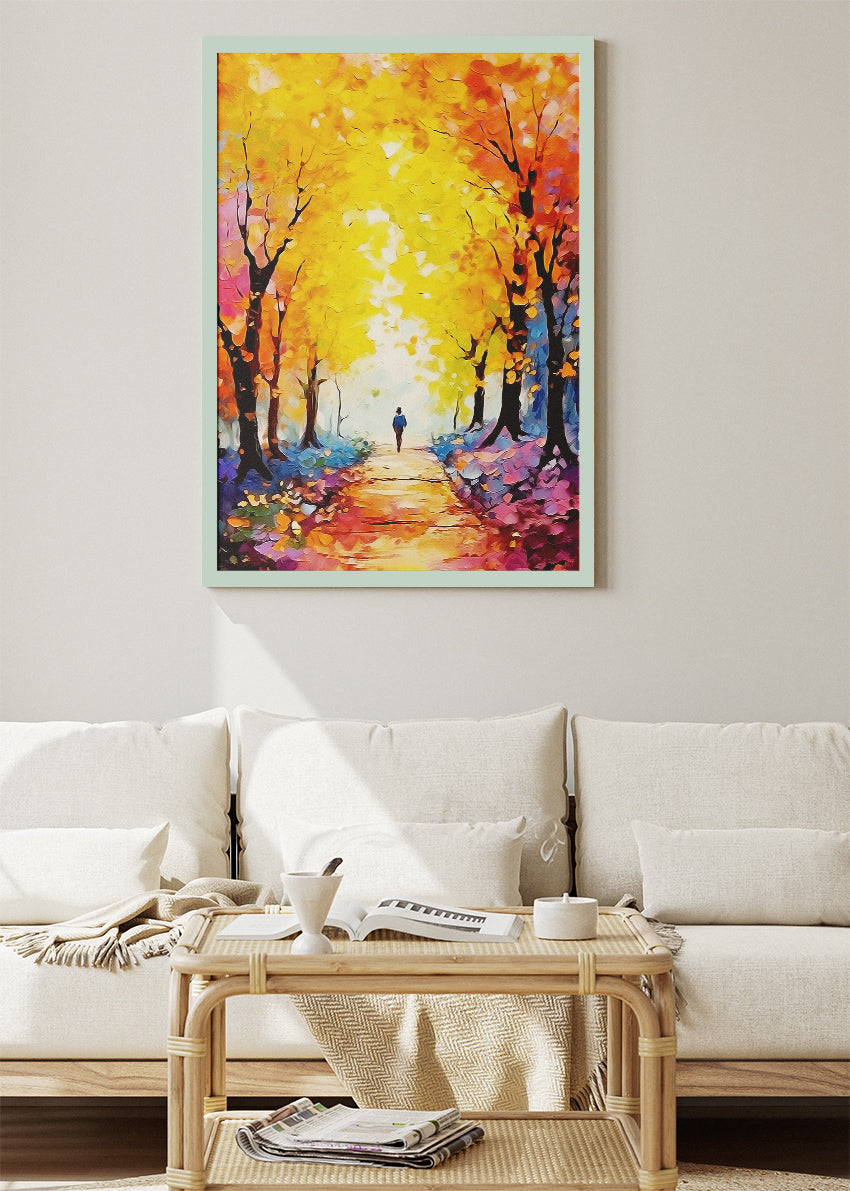 Golden Autumn Forest Path – Vibrant Fall Landscape Canvas & Poster Print – AI PRINT LAB