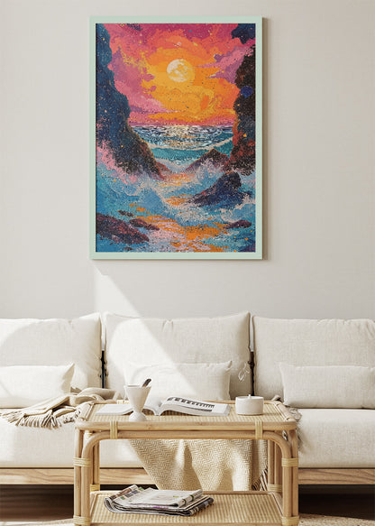 Vibrant Ocean Sunset Between Cliffs – Colorful Seascape Canvas & Poster Print – AI PRINT LAB