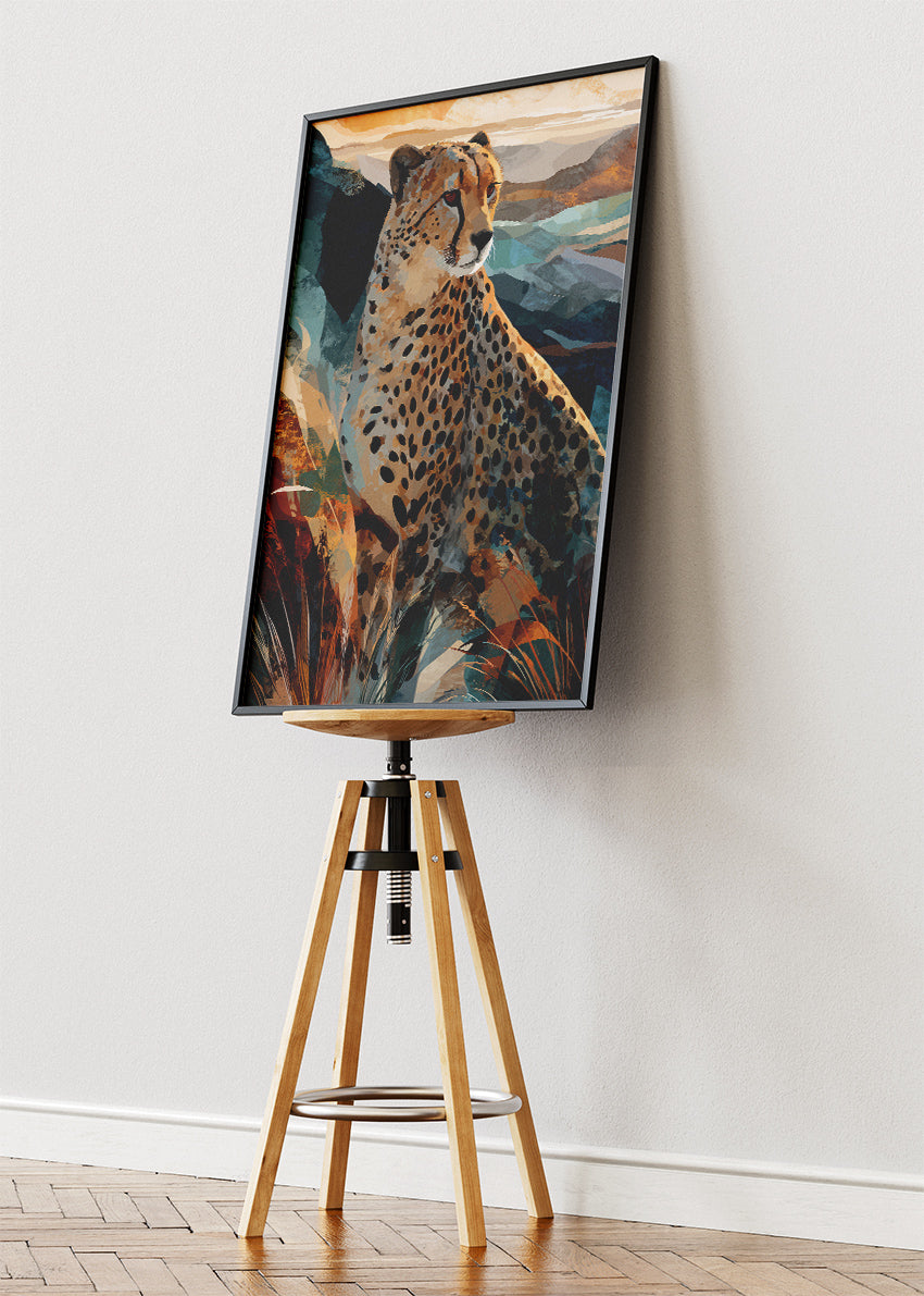 Cheetah Mountain Landscape Wall Art Poster & Canvas Print – Modern Wildlife Illustration