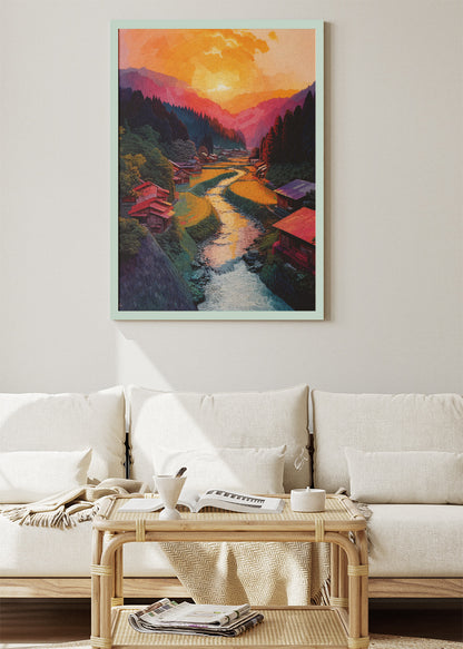 Golden Valley Village Sunset – Scenic River Landscape Canvas & Poster Print – AI PRINT LAB