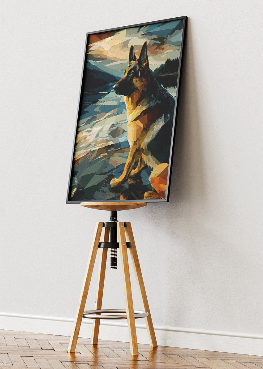 German Shepherd Lake Wall Art Poster & Canvas Print – Modern Geometric Dog Illustration