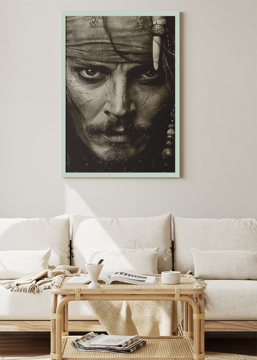 Johnny Depp as Jack Sparrow Black & White Portrait – Cinematic Pirate Wall Art Poster & Canvas